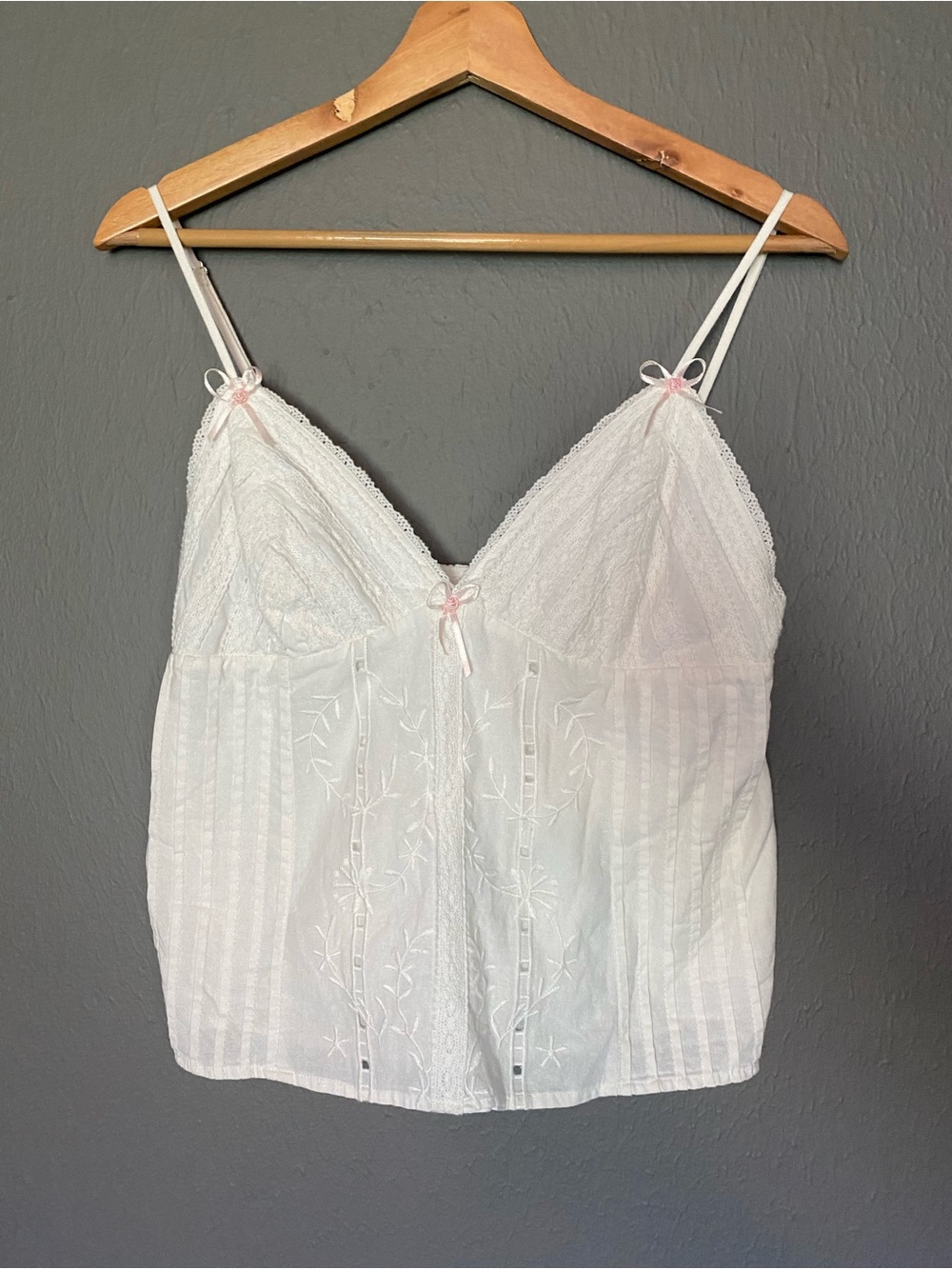 Beverly & Beck White Eyelet Lace Cami Top Pink Bows Size L